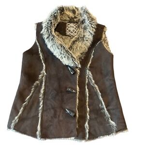 Dollhouse Womens Brown Faux Suede Fur Trim Toggle Button Vest Jacket Size XS